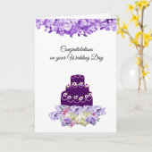 深いパープ結婚リーのケーキ祝いカード カード (黄色い花)