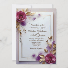 深いピンクのバラ金ゴールドの葉の金ゴールド結婚フレーム 招待状