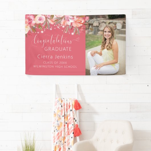 深いピンクフローラストリング光卒業バナー 横断幕 (インサイチュ)