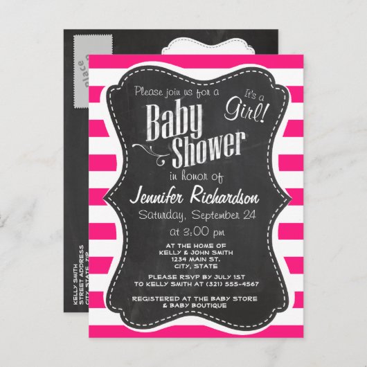 深いピンク横ストライプ線;黒板の外観 インビテーションポストカード (正面/裏面)