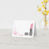 深いピンク水色リップスティックノートカード カード (黄色い花)