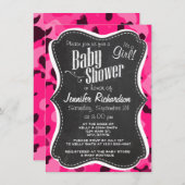 深いピンク迷彩柄；黒板ルック 招待状 (正面/裏面)