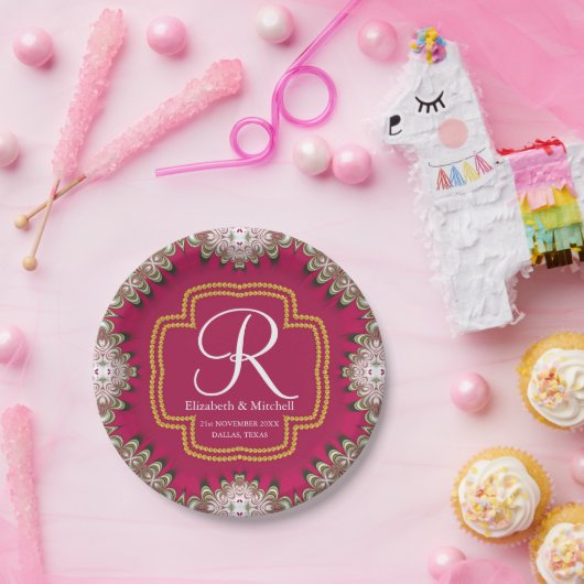 深いピンク金ゴールドレースのようモノグラム鮮やかエネルギー ペーパープレート (パーティー)