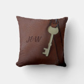 深いフェイクブラウンレザーと鍵 クッション (正面)