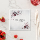 深いブルガンディシルバーグレイ水彩フローラ スタンダードカクテルナプキン (インサイチュ)