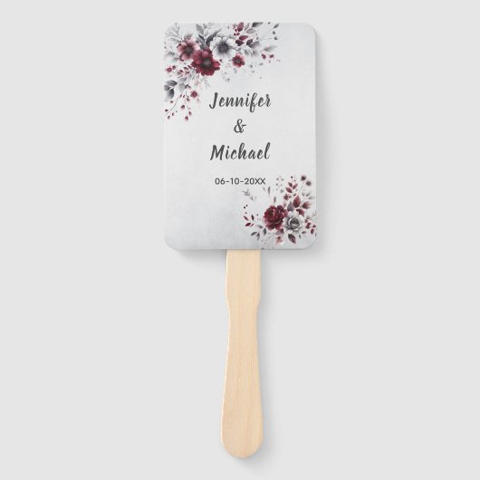 深いブルガンディシルバーグレイ水彩フローラ ハンドファン (正面)