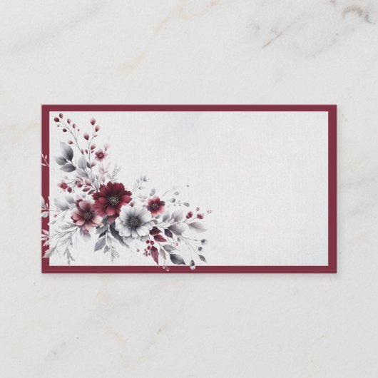 深いブルガンディシルバーグレイ水彩フローラ プレイスカード (正面)