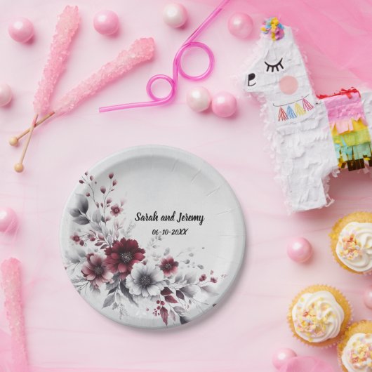 深いブルガンディシルバーグレイ水彩フローラ ペーパープレート (パーティー)