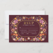 深いブルガンディワイルドフラワーリースウェディングRSVP カード (正面)