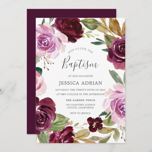 深いブルガンディーベリー&薄紫水彩洗礼 招待状 (正面/裏面)