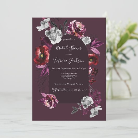 深いブルゴーニュフローラダーク&ムーディブライダルシャワーイン 招待状 (スタンド正面)