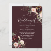 深いブルゴーニュレッドワインフローラ秋結婚秋 招待状 (正面)