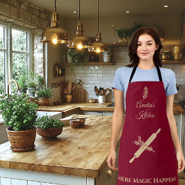 深いブルゴーニュ淡い色のー転が金ゴールドのピンとハーブ エプロン