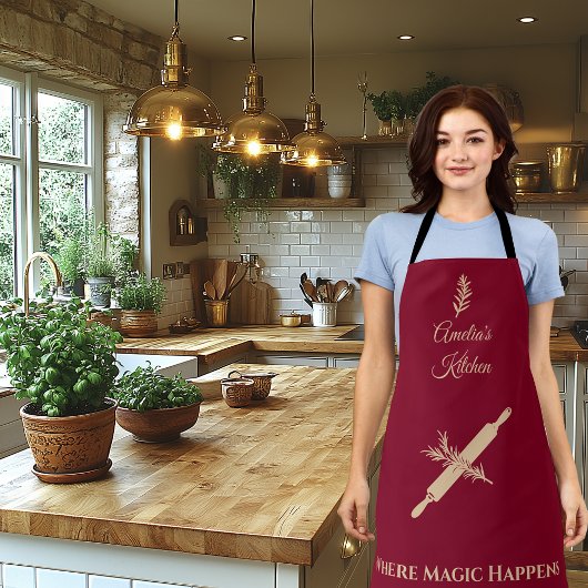 深いブルゴーニュ淡い色のー転が金ゴールドのピンとハーブ エプロン