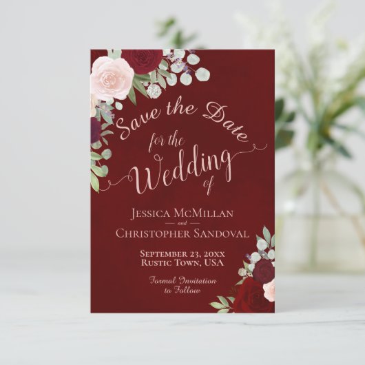 深いブルゴーニュ赤水カラーフローラボホ結婚ズ セーブザデート (スタンド正面)