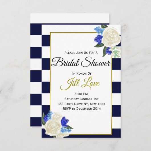 深いブルーおよび金ゴールドフローラブライダルシャワー招待状 招待状 (正面/裏面)