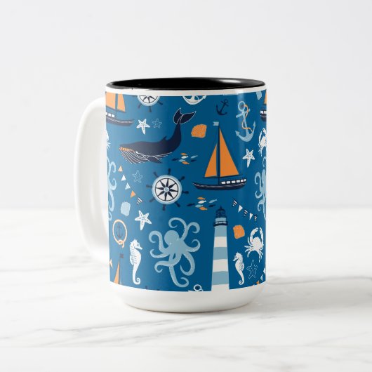 深いブルーすべて航海の ツートーンマグカップ (正面左)