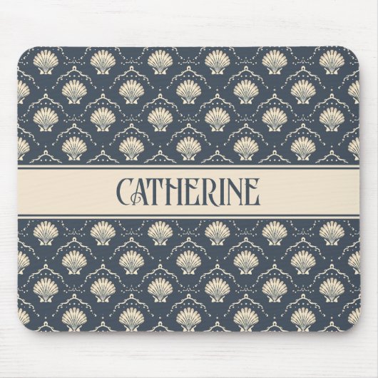 深いブルーとクリームシーシェルパタパーソナライズされたーン マウスパッド (正面)