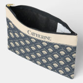 深いブルーとクリームシーシェルパターン アクセサリーポーチ (見開き)