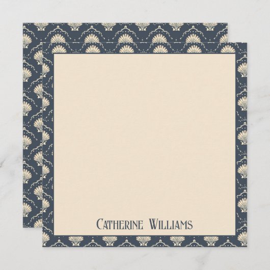 深いブルーとクリームシーシェルパターン ノートカード (正面/裏面)