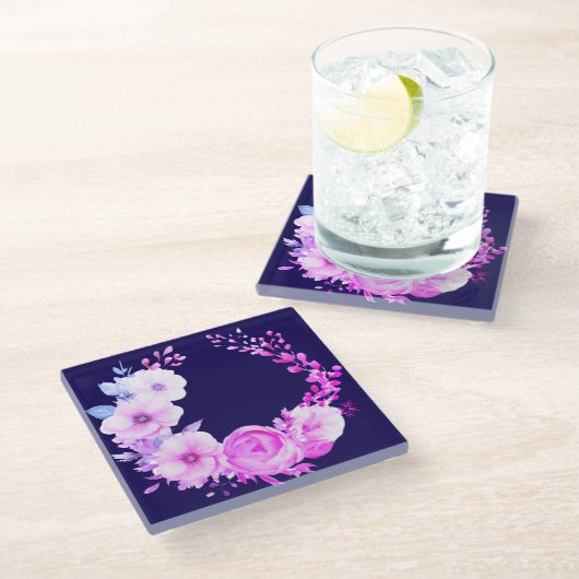 深いブルーとピンクのフローラ ガラスコースター (アングル)