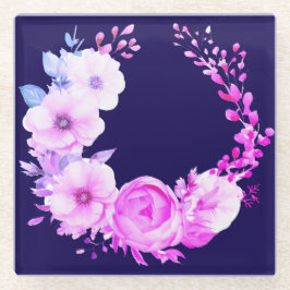 深いブルーとピンクのフローラ ガラスコースター