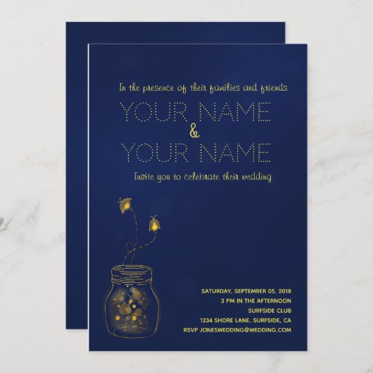 深いブルーと金ゴールドホタル結婚式招待状 招待状 (正面/裏面)