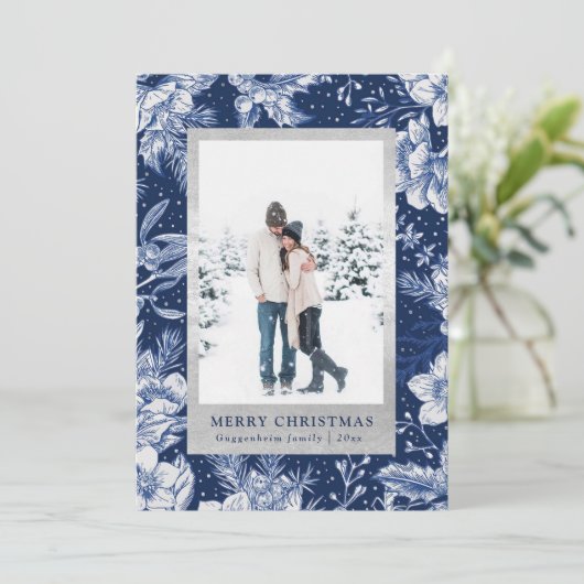 深いブルーウィンタークリスマスフォトカード 招待状 (スタンド正面)