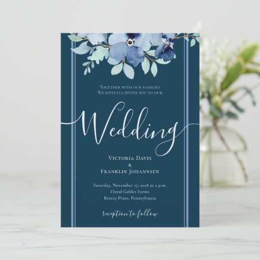 深いブルーウォーター色フローラエレガントな結婚式 招待状 (スタンド正面)