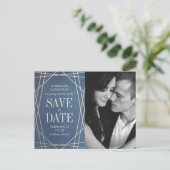 深いブルーオ結婚パリンの写真日付金ゴールドの保存 案内ポストカード (スタンド正面)