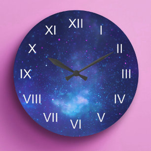 深いブルーギャラクティックセンターホワイトローマ数字 ラージ壁時計
