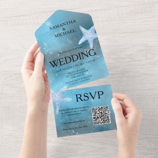 深いブルーシー結婚ズオールインワン招待状 オールインワン招待状 (貼ってはがせる)