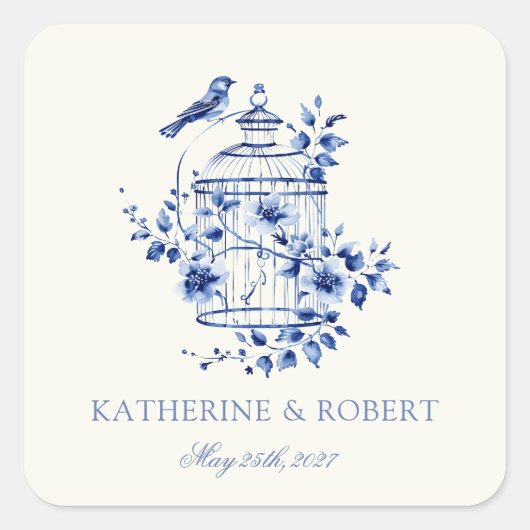 深いブルーチノワセリーヴィンテージ結婚フローラ スクエアシール (正面)