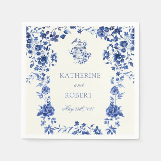 深いブルーチノワセリーヴィンテージ結婚フローラ スタンダードカクテルナプキン (正面)