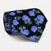 深いブルーバラの花のパターン上の黒 ネクタイ (ロール)