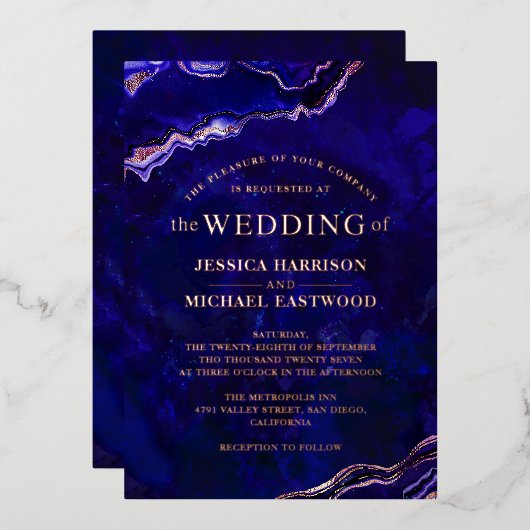 深いブルーパープルゲードバラ金ゴールドゲートモダン 箔招待状 (正面/裏面)