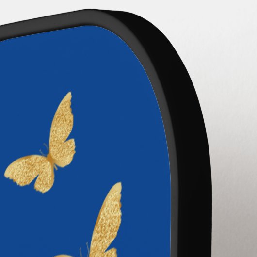 深いブルーホワイト金ゴールドフラワーバタフライミニマル ピックルボールラケット (左詳細)