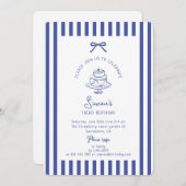 深いブルーボウストライプのブルーバースデー招待状 招待状 (正面/裏面)