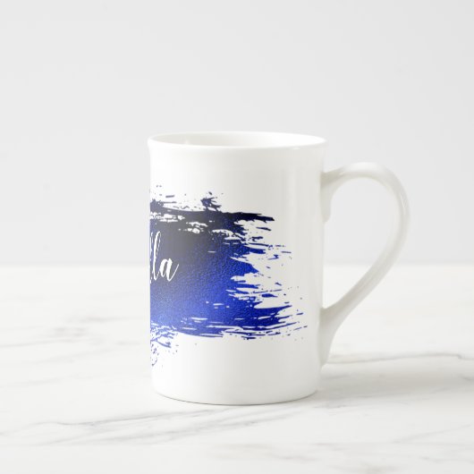 深いブルーメタリック絵を描ストロークの名前の追加 ボーンチャイナマグカップ (右)