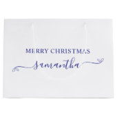 深いブルーメリークリスマスかわいい弓の署名名 ラージペーパーバッグ (正面)