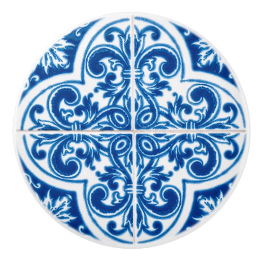 深いブルーレトロタイルルックセラミックノブ セラミックノブ (正面)