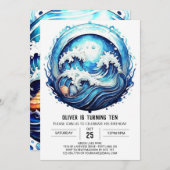 深いブルー海ウェーブ誕生日 招待状 (正面/裏面)