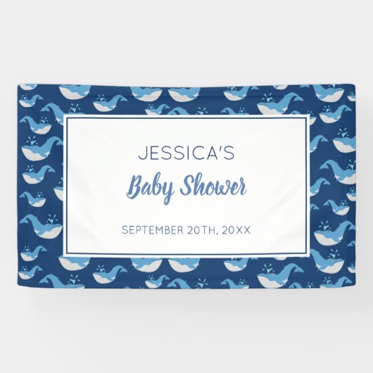 深いブルー海クジラ男の赤ちゃんベビーシャワー 横断幕 (横)
