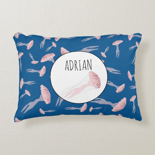 深いブルー海クラゲ模様名前をカスタムする アクセントクッション (正面)