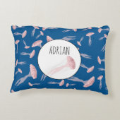 深いブルー海クラゲ模様名前をカスタムする アクセントクッション (裏面)