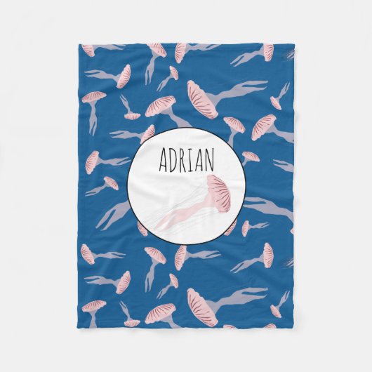深いブルー海クラゲ模様名前をカスタムする フリースブランケット (正面)