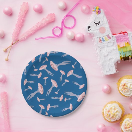 深いブルー海クラゲ模様 ペーパープレート (パーティー)