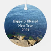 深いブルー海フォトクリスチャン聖書新年 メタルオーナメント (裏面)