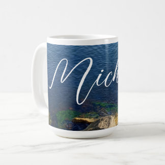 深いブルー海フォト名前をカスタムする花文字 コーヒーマグカップ