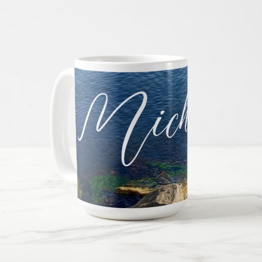 深いブルー海フォト名前をカスタムする花文字 コーヒーマグカップ (正面左)